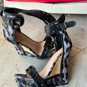 Black and Gray Wedge Sandals with Ankle Strap